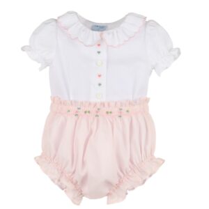 Luli & Me - White and Pink Baby Set with Smock Embroidery